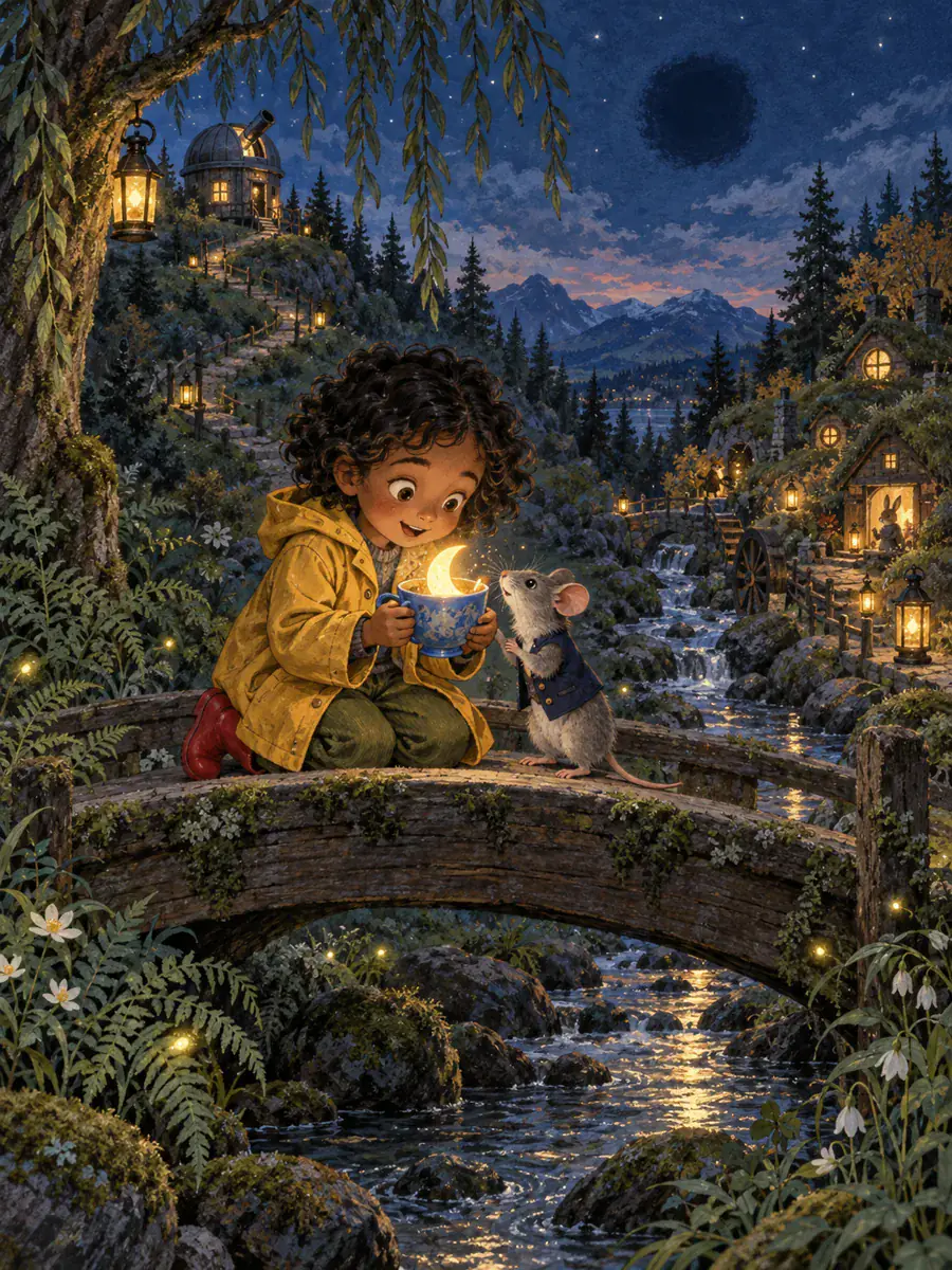 Maya och Pip hittar en liten lysande månskära i en blå tekopp på en bro i skogen.